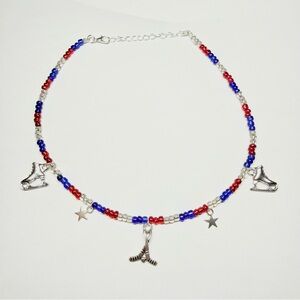 Hockey Necklace Red, Blue, and Silver Beaded Necklace with Ice Skate Charms